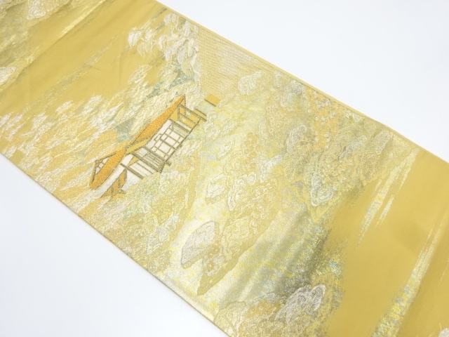 引箔　樹木に家屋風景模様織り出し　袋帯